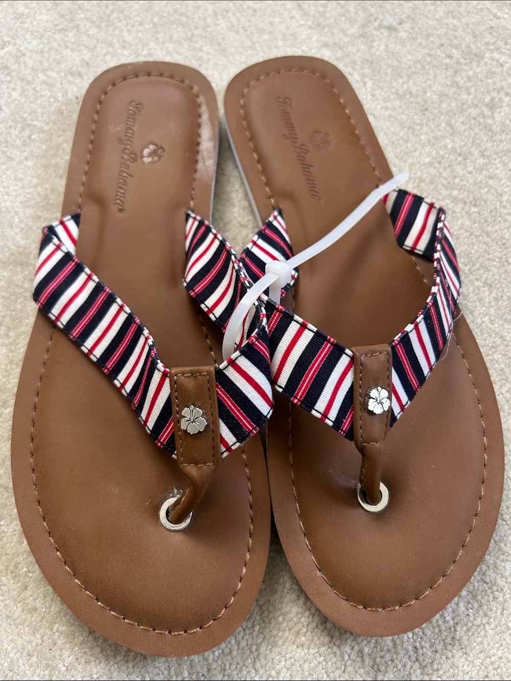 Tommy Bahama Brown Sandals with Navy, Red & White Striped Straps Sz 8